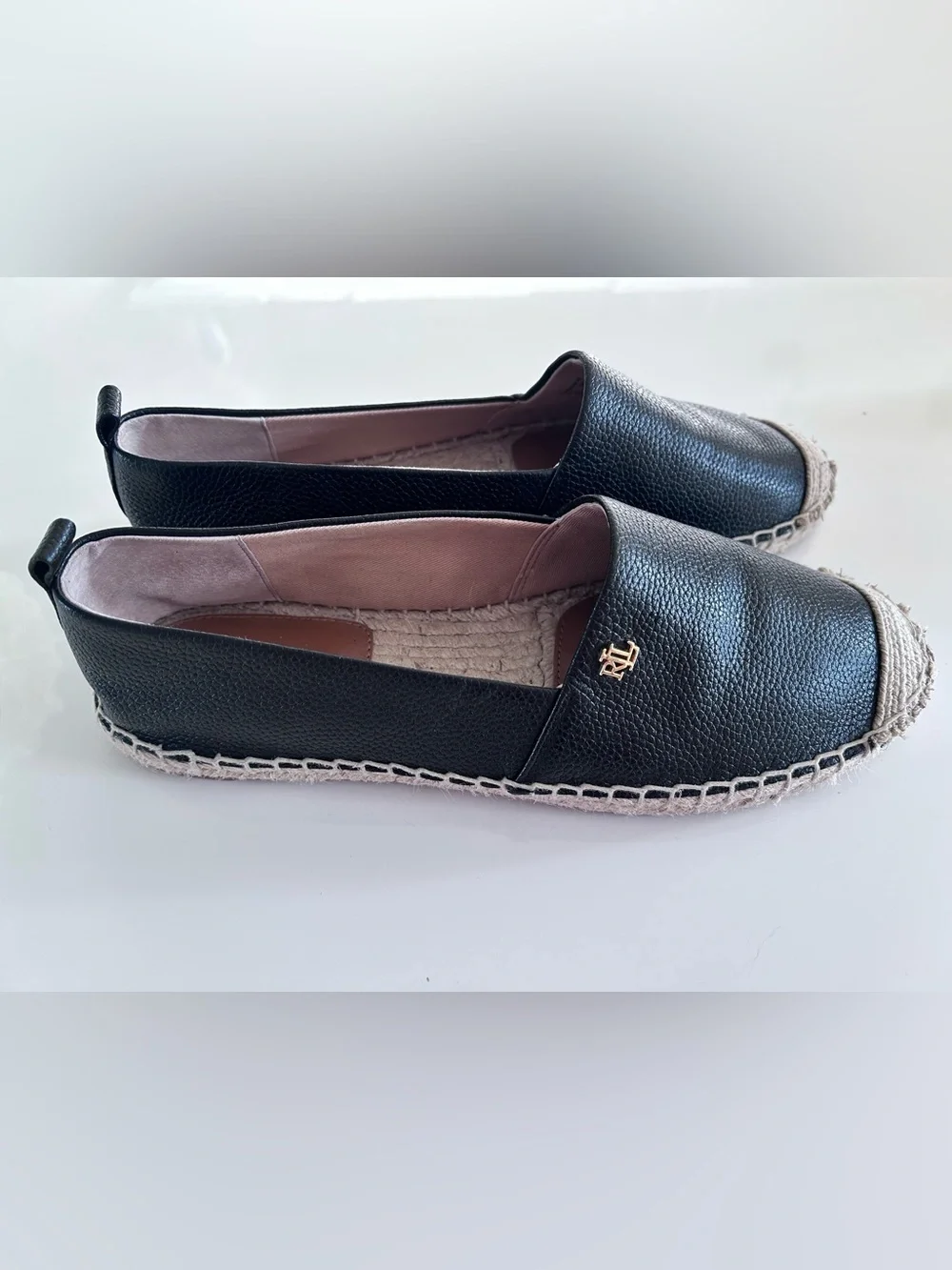 Ralph Lauren Espadrille Flats Black Leather Size 8.5